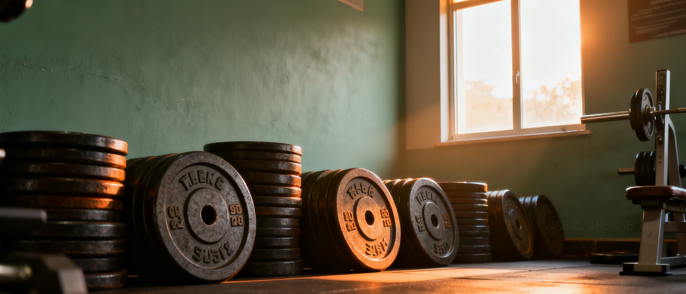 Weight plates stacked in a quiet gym in morning light